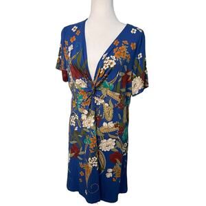 Johnny Was Blue Floral V-neck Twist Front Swing Dress - Large